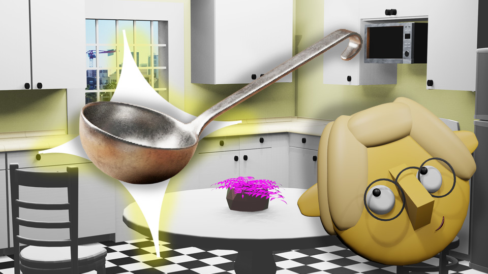 A 3D render of a metal ladle superimposed over a star in the TumbleBump kitchen while Tumby looks on, by John D Reinhart