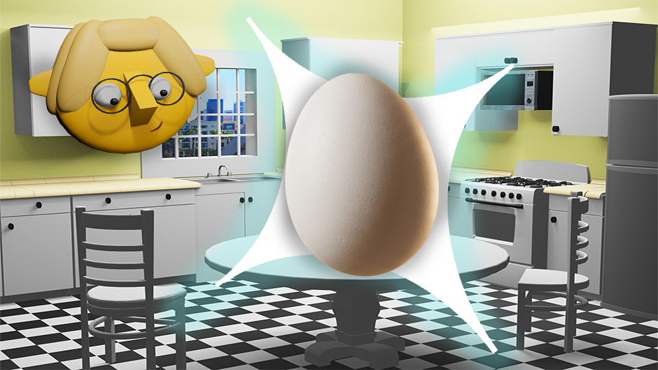 A 3D render of an egg superimposed over a star in the TumbleBump kitchen while Tumby looks on, by John D Reinhart