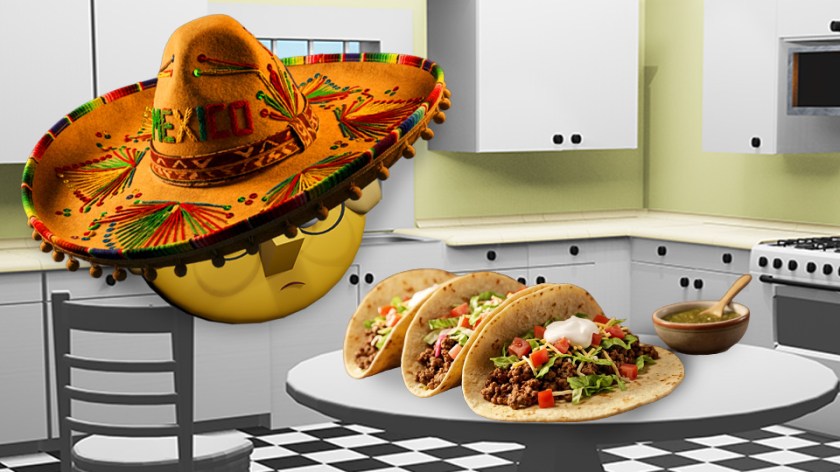 A 3D render of a taco platter in the TumbleBump kitchen while a sombrero-clad Tumby looks on, by John D Reinhart