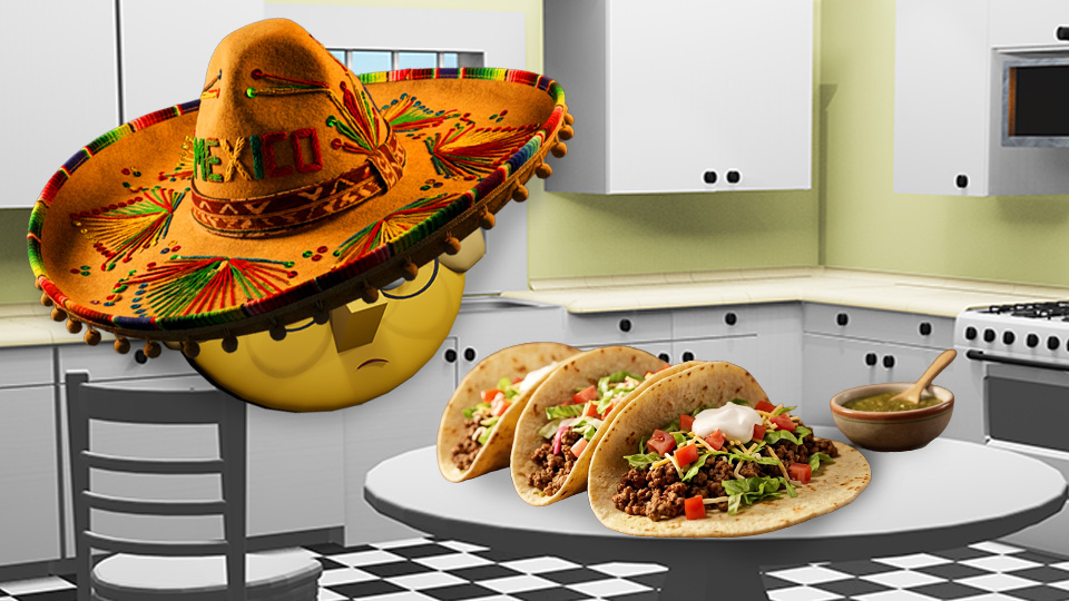 A 3D render of a taco platter in the TumbleBump kitchen while a sombrero-clad Tumby looks on, by John D Reinhart