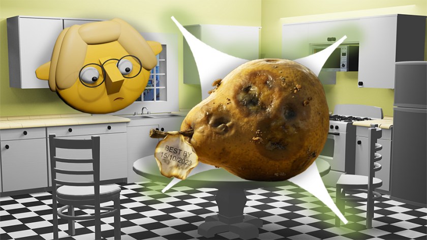 A 3D render of a rotting pear superimposed over a star in the TumbleBump kitchen while Tumby looks on, by John D Reinhart