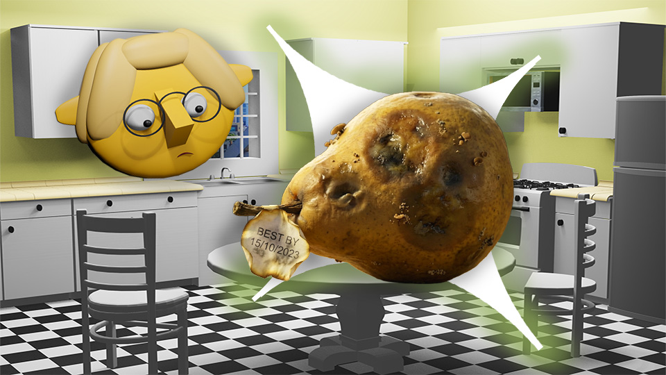 A 3D render of a rotting pear superimposed over a star in the TumbleBump kitchen while Tumby looks on, by John D Reinhart