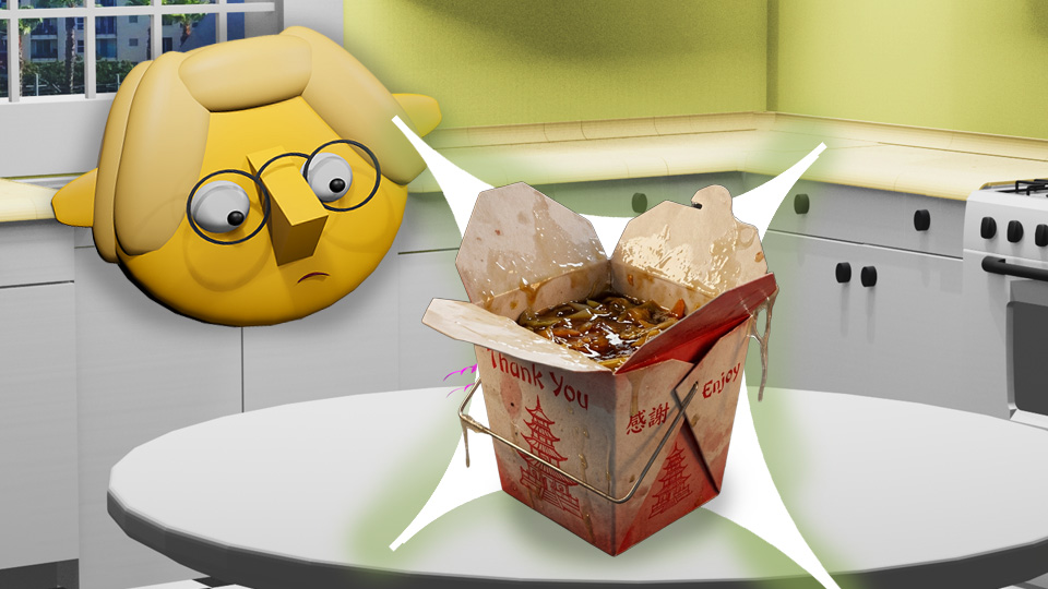 A 3D render of a carton of disgusting Chinese food superimposed over a star in the TumbleBump kitchen while Tumby looks on, by John D Reinhart