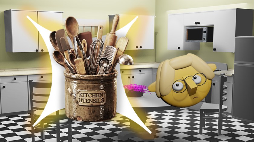 A 3D render of a kitchen crock crammed with tools superimposed over a star in the TumbleBump kitchen while a dubious Tumby looks on, by John D Reinhart