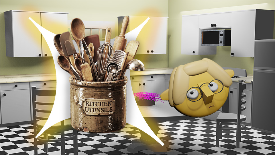 A 3D render of a kitchen crock crammed with tools superimposed over a star in the TumbleBump kitchen while a dubious Tumby looks on, by John D Reinhart