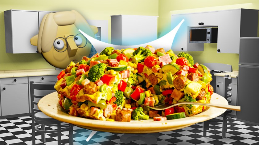 A 3D render of an absurdly overstuffed frittata superimposed over a star in the TumbleBump kitchen while Tumby looks on, by John D Reinhart
