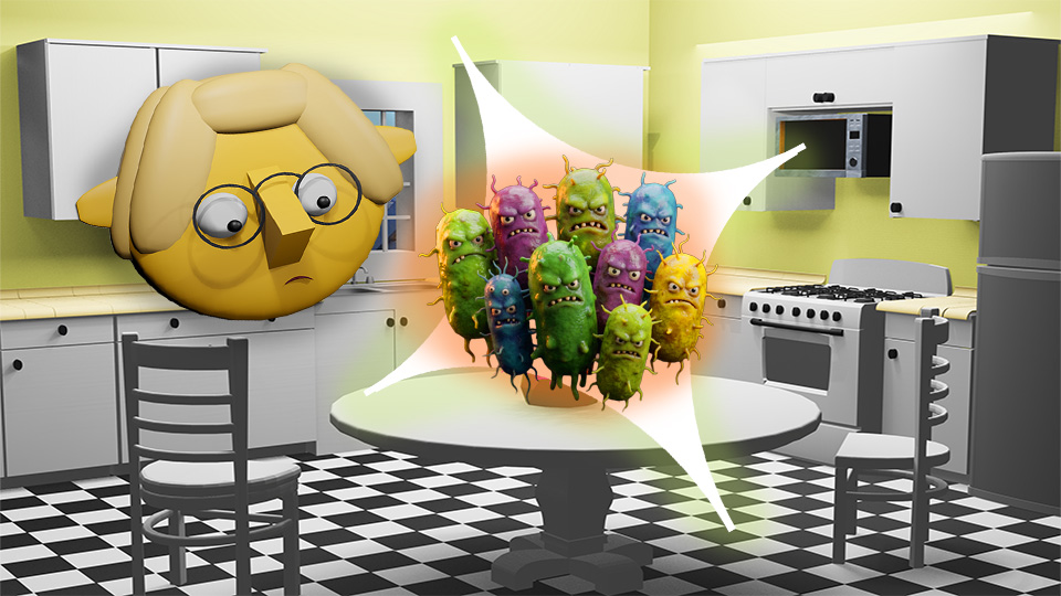 A 3D render of a gang of bacteria superimposed over a star in the TumbleBump kitchen while Tumby looks on, by John D Reinhart