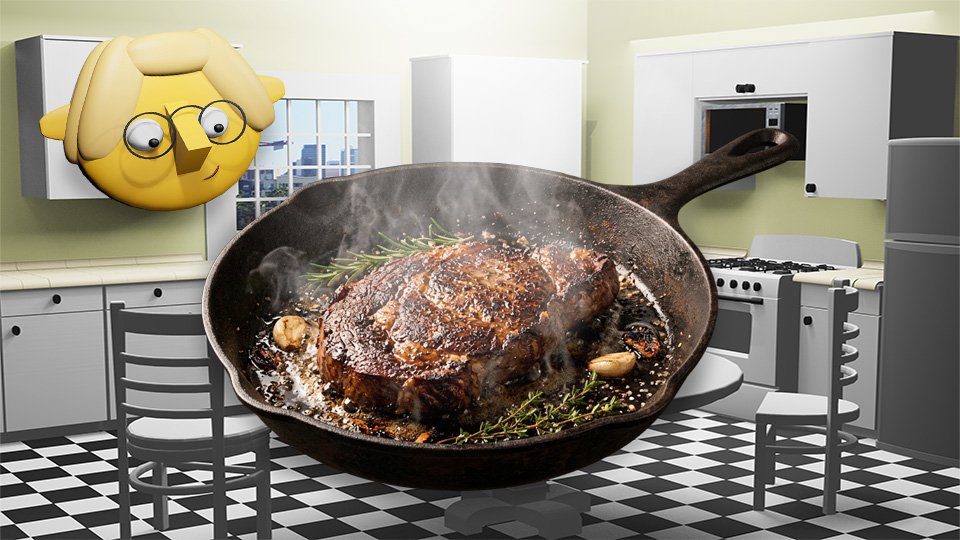A 3D render of a steak sizzling in a skillet in the TumbleBump kitchen while Tumby looks on, by John D Reinhart