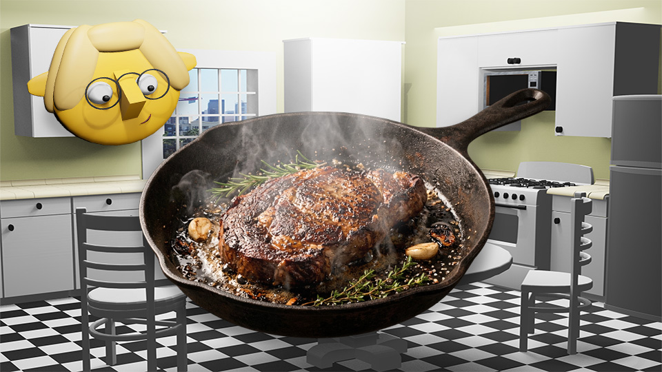 A 3D render of a steak sizzling in a skillet in the TumbleBump kitchen while Tumby looks on, by John D Reinhart