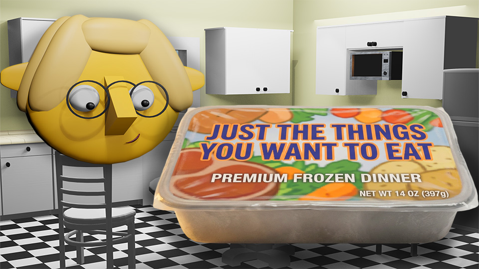 A 3D render of a frozen food package labeled "Just the Food You Want to Eat" in the TumbleBump kitchen while Tumby looks on, by John D Reinhart