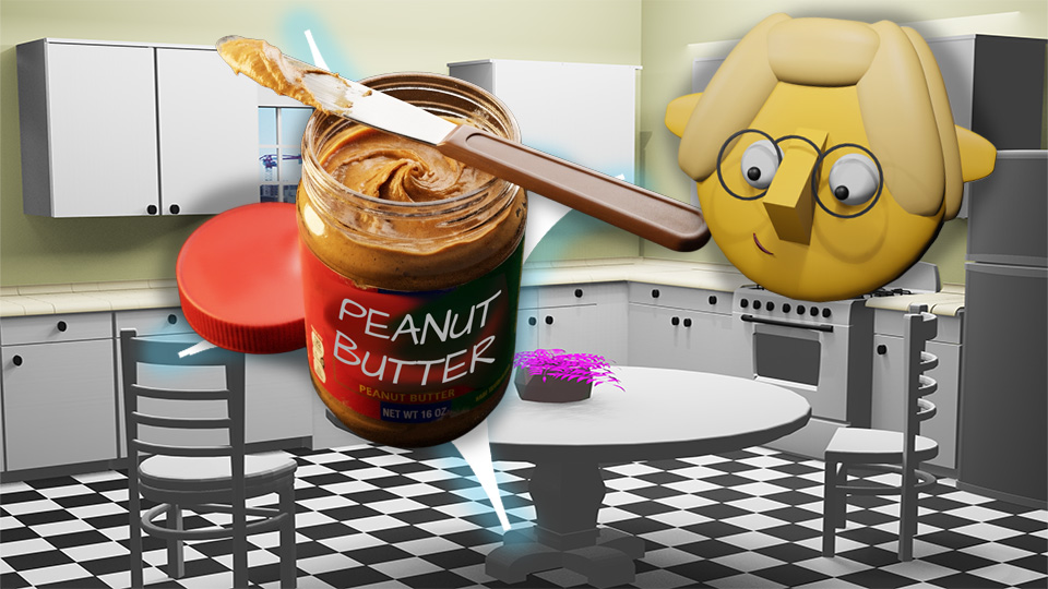 A 3D render of an open peanut butter jar superimposed over a star in the TumbleBump kitchen while Tumby looks on, by John D Reinhart
