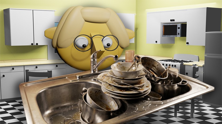 A 3D render of a stainless steel sink heaped high with dirty dishes in the TumbleBump kitchen while Tumby looks on, by John D Reinhart