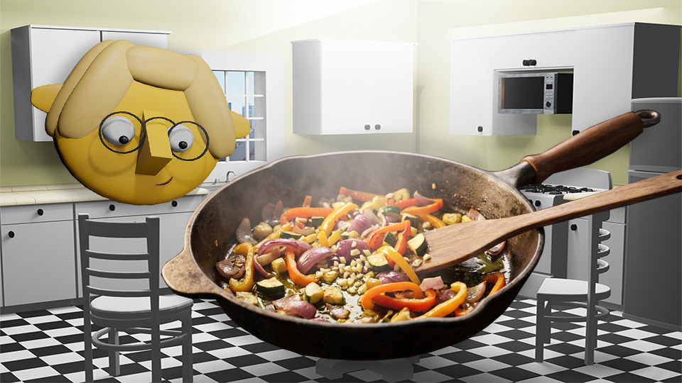A 3D render of assorted vegetables cooking in the TumbleBump kitchen while Tumby looks on, by John D Reinhart