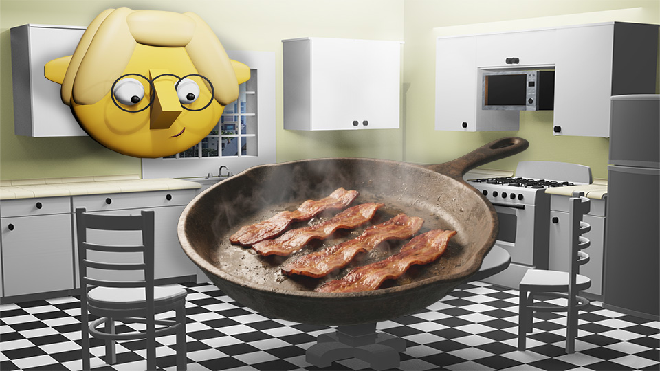 A 3D render of sizzling bacon in the TumbleBump kitchen while Tumby looks on, by John D Reinhart