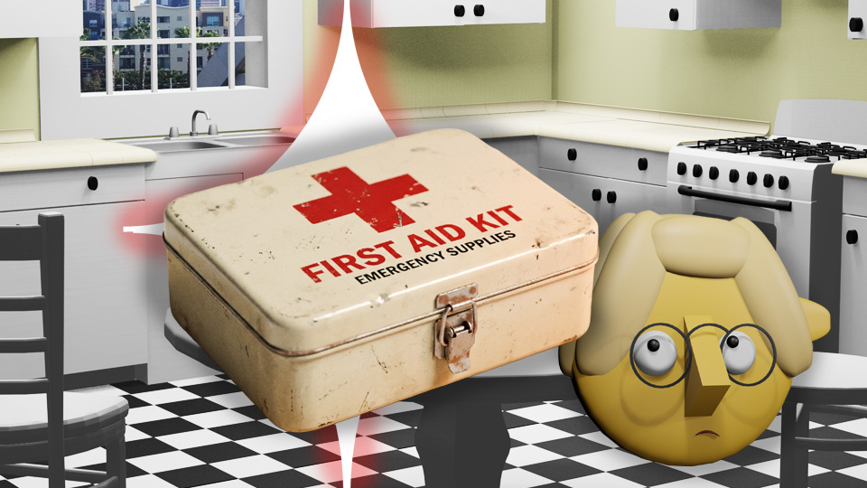 A 3D render of a first aid kit superimposed over a retro star in the TumbleBump kitchen while Tumby looks on in dismay, by John D Reinhart