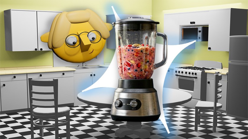 A 3D render of a smoothie in a blender superimposed over a star in the TumbleBump kitchen while Tumby looks on, by John D Reinhart