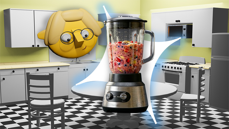 A 3D render of a smoothie in a blender superimposed over a star in the TumbleBump kitchen while Tumby looks on, by John D Reinhart
