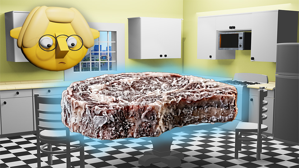 A 3D render of a severely frozen piece of meat in the TumbleBump kitchen while Tumby looks on, by John D Reinhart