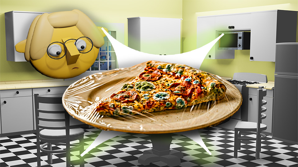 A 3D render of a moldy pizza slice superimposed over a star in the TumbleBump kitchen while Tumby looks on, by John D Reinhart