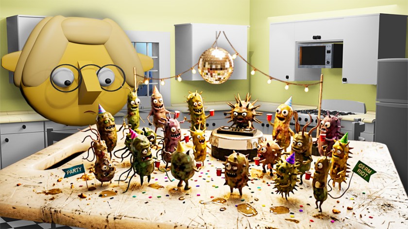 A 3D render of bacteria having a party on a plastic cutting board in the TumbleBump kitchen while Tumby looks on, by John D Reinhart