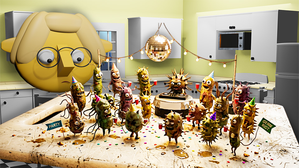 A 3D render of bacteria having a party on a plastic cutting board in the TumbleBump kitchen while Tumby looks on, by John D Reinhart
