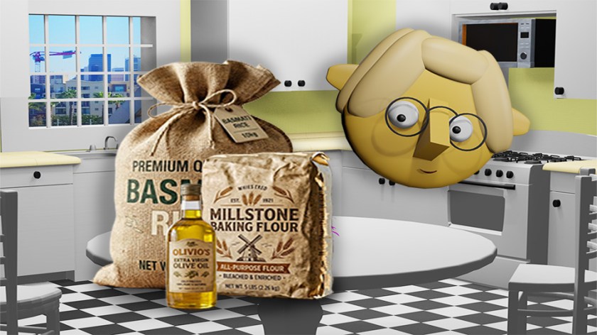 A Blender 3D render of a pound of flour, a sack of rice, and a bottle of olive oil on the TumbleBump kitchen table while Tumby looks on, by John D Reinhart