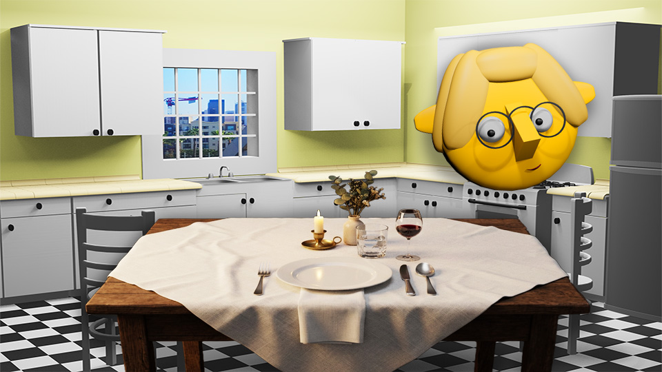 A 3D render of a table set for one in the TumbleBump kitchen while Tumby looks on, by John D Reinhart