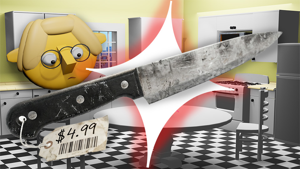 A 3D render of a junky knife superimposed over a star in the TumbleBump kitchen while Tumby looks on, by John D Reinhart