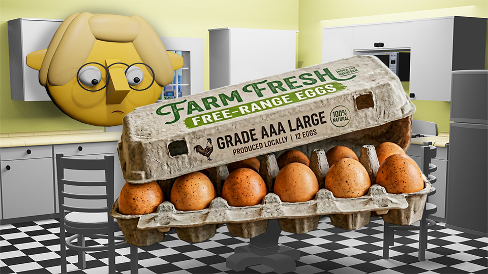 A 3D render of an open carton of brown eggs in the TumbleBump kitchen while Tumby looks on, by John D Reinhart
