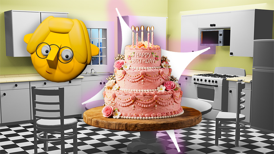 A 3D render of a pretty pink birthday cake superimposed over a star in the TumbleBump kitchen while Tumby looks on, by John D Reinhart