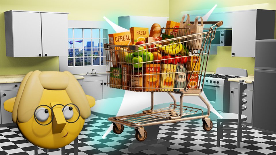 A 3D render of a full grocery cart superimposed over a star in the TumbleBump kitchen while Tumby looks on, by John D Reinhart