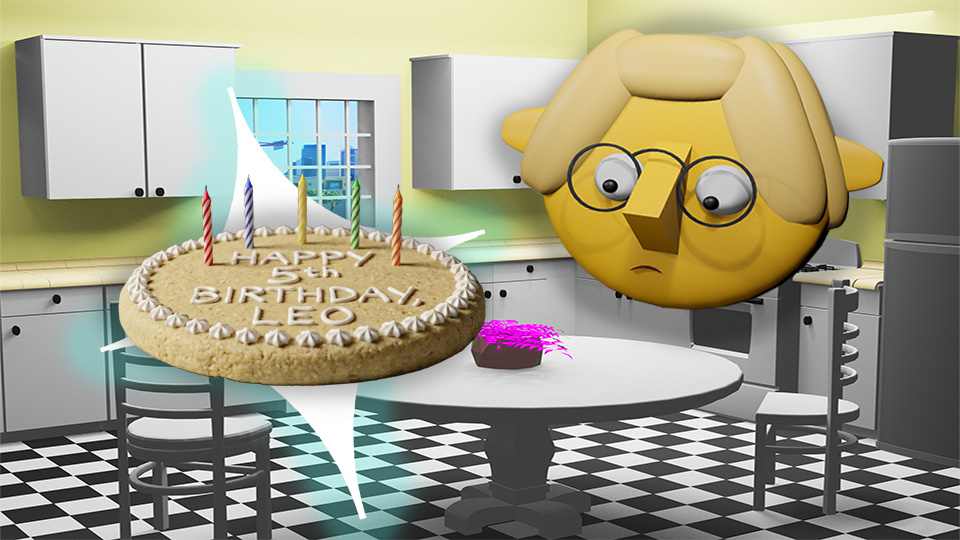 A 3D render of a very low birthday cake, superimposed over a star in the TumbleBump kitchen while Tumby looks on, by John D Reinhart