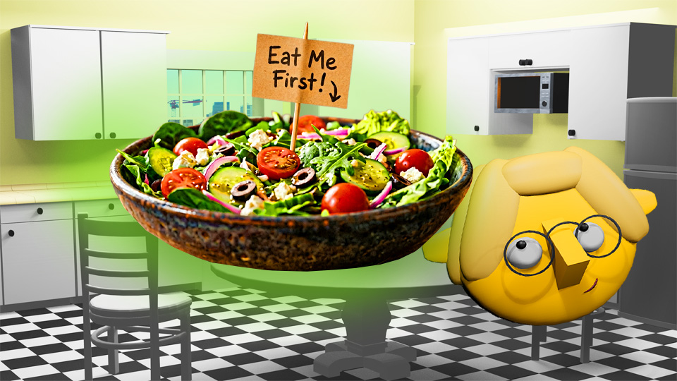 A 3D render of an uber-green salad with an "Eat Me First" sign in the TumbleBump kitchen while Tumby looks on, by John D Reinhart