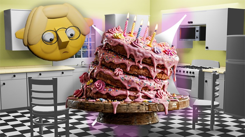 A 3D render of a sloppy, sagging birthday cake superimposed over a star in the TumbleBump kitchen while Tumby looks on, by John D Reinhart