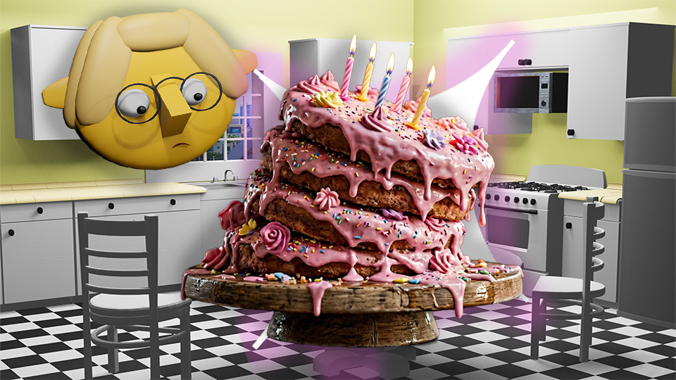 A 3D render of a sloppy, sagging birthday cake superimposed over a star in the TumbleBump kitchen while Tumby looks on, by John D Reinhart
