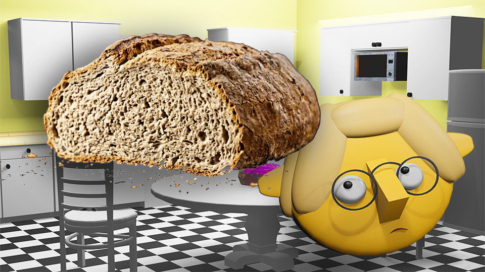 A 3D render of a loaf of stale white bread in the TumbleBump kitchen while Tumby looks on, by John D Reinhart