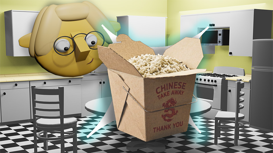 A 3D render of a Chinese take-out rice carton superimposed over a star in the TumbleBump kitchen while Tumby looks on, by John D Reinhart