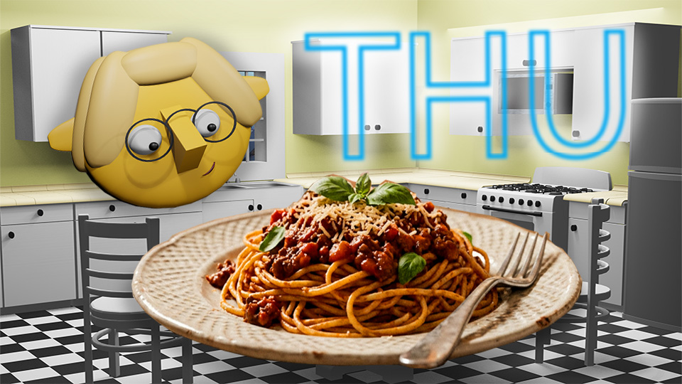 A 3D render of a spaghetti dinner superimposed over the letters THU in the TumbleBump kitchen while Tumby looks on, by John D Reinhart