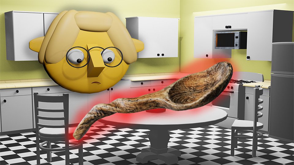 A 3D render of a severely dishwasher-distorted wooden spoon in the TumbleBump kitchen while Tumby looks on, by John D Reinhart