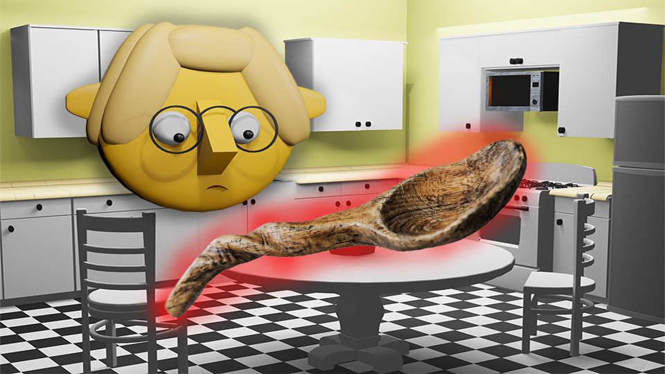 A 3D render of a severely dishwasher-distorted wooden spoon in the TumbleBump kitchen while Tumby looks on, by John D Reinhart
