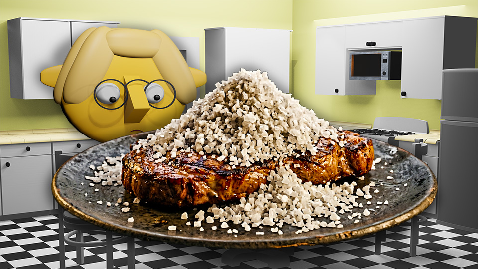 A 3D render of a severely over-salted steak in the TumbleBump kitchen while Tumby looks on, by John D Reinhart