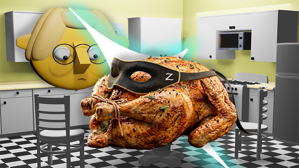 A 3D render of a cooked chicken wearing a Zorro mask superimposed over a star in the TumbleBump kitchen while a mystified Tumby looks on, by John D Reinhart