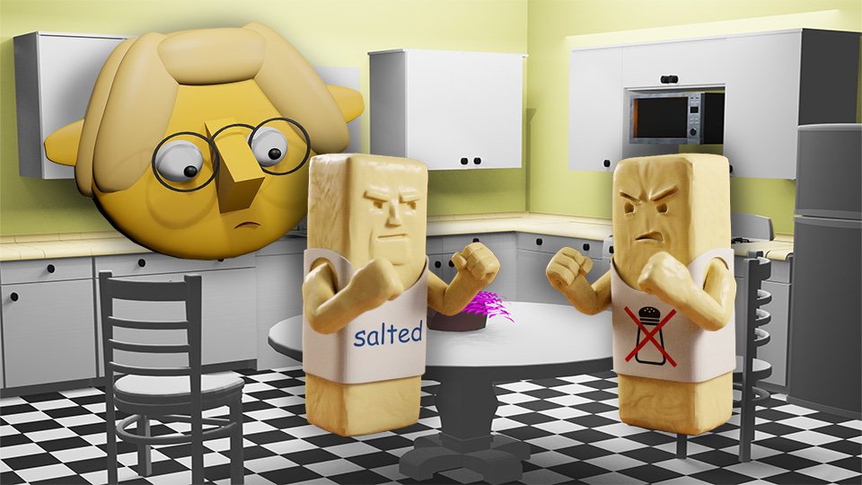 A 3D render of two sticks of butter, one wearing a tank top that says "salted" and the other wearing a tank top with a picture of an x'd out salt shaker, facing off for a fistfight in the TumbleBump kitchen while Tumby looks on, by John D Reinhart
