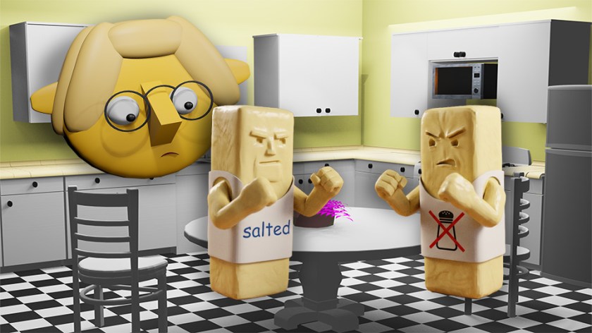 A 3D render of two sticks of butter, one wearing a tank top that says "salted" and the other wearing a tank top with a picture of an x'd out salt shaker, facing off for a fistfight in the TumbleBump kitchen while Tumby looks on, by John D Reinhart