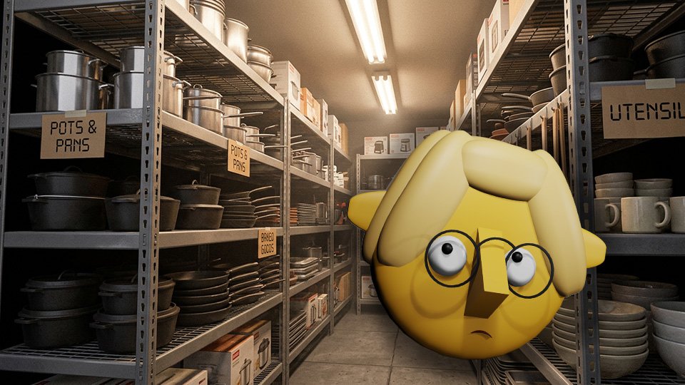 Tumby, the Tumblebump mascot, looks a little concerned at the number of kitchen goods in the dimly lit big box store.